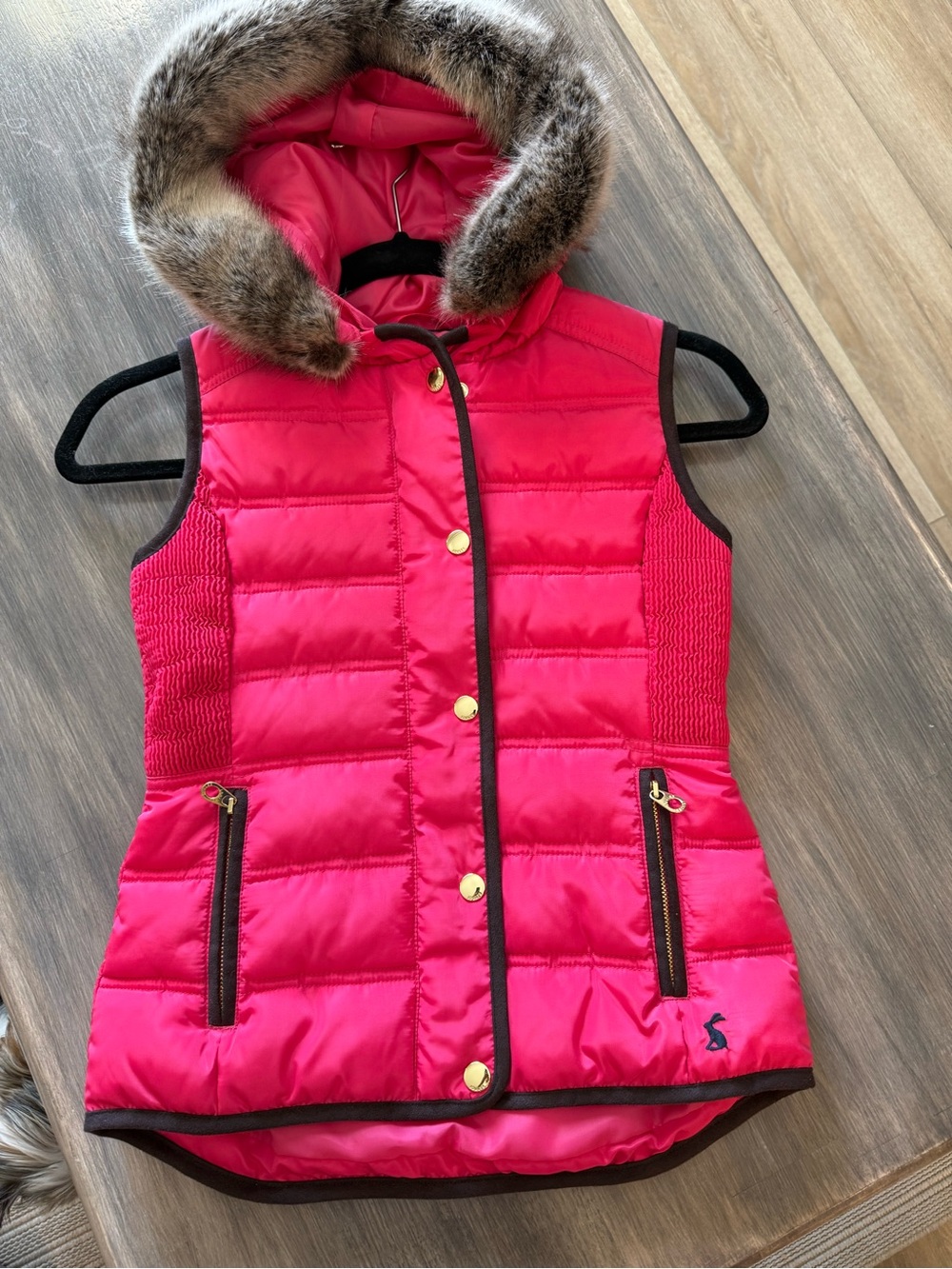 Girl’s Joules Pink Quilted Hooded Vest with Faux Fur Trim 7-8y